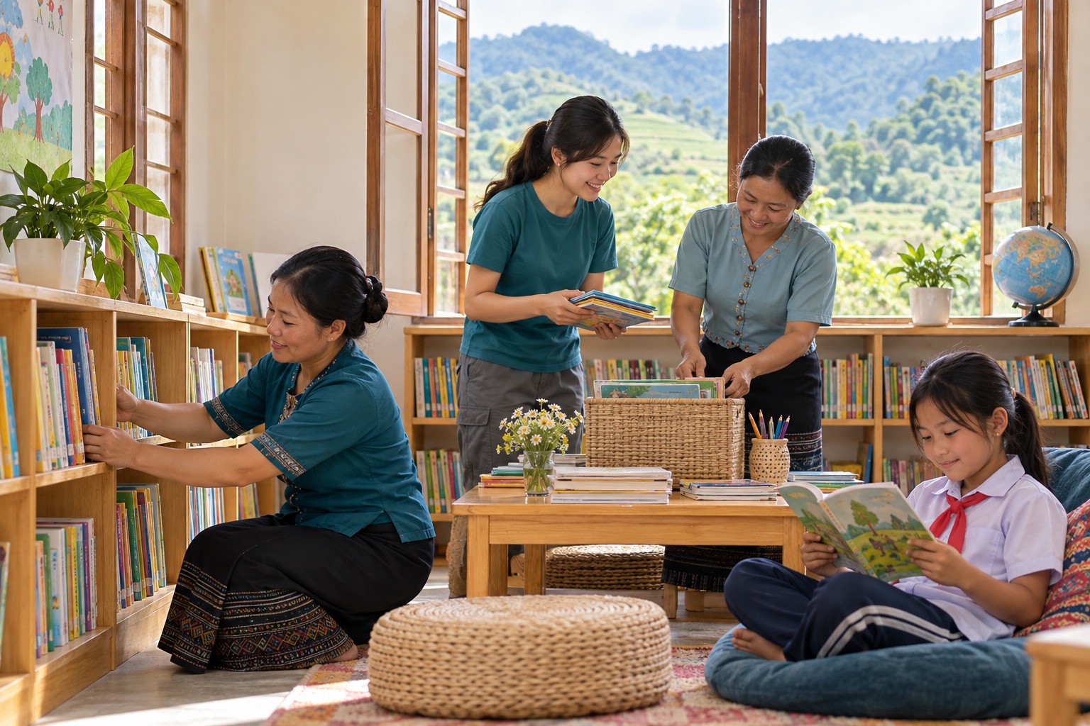 Trẻ em và giáo viên bên một lớp học